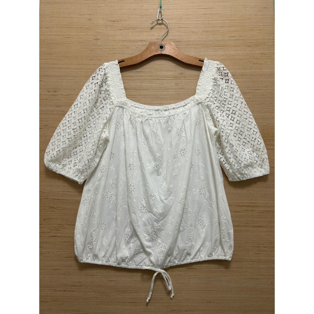 Cato Womens White Floral Eyelet Crochet Lace Puff Sleeve Blouse Square Neck Med